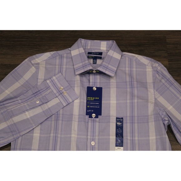 NWT Apt 9 Premier Flex Mens Dress  Medium 15-15.5 34/35 Purple‎ Plaid Stretch - Picture 1 of 6